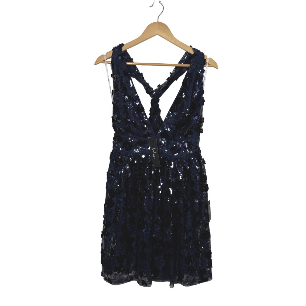 Lulus Got that Glamm Sequin Mini Dress Womens S Navy Blue NWT Plunging Party